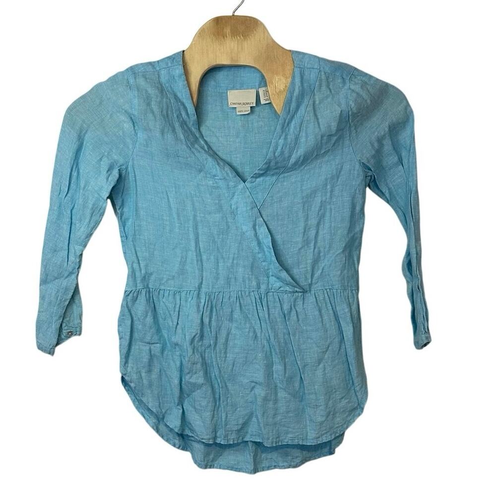 Cynthia Rowley Women’s 100% Linen V-Neck Blouse Light‎ Blue Size M Spring Summer